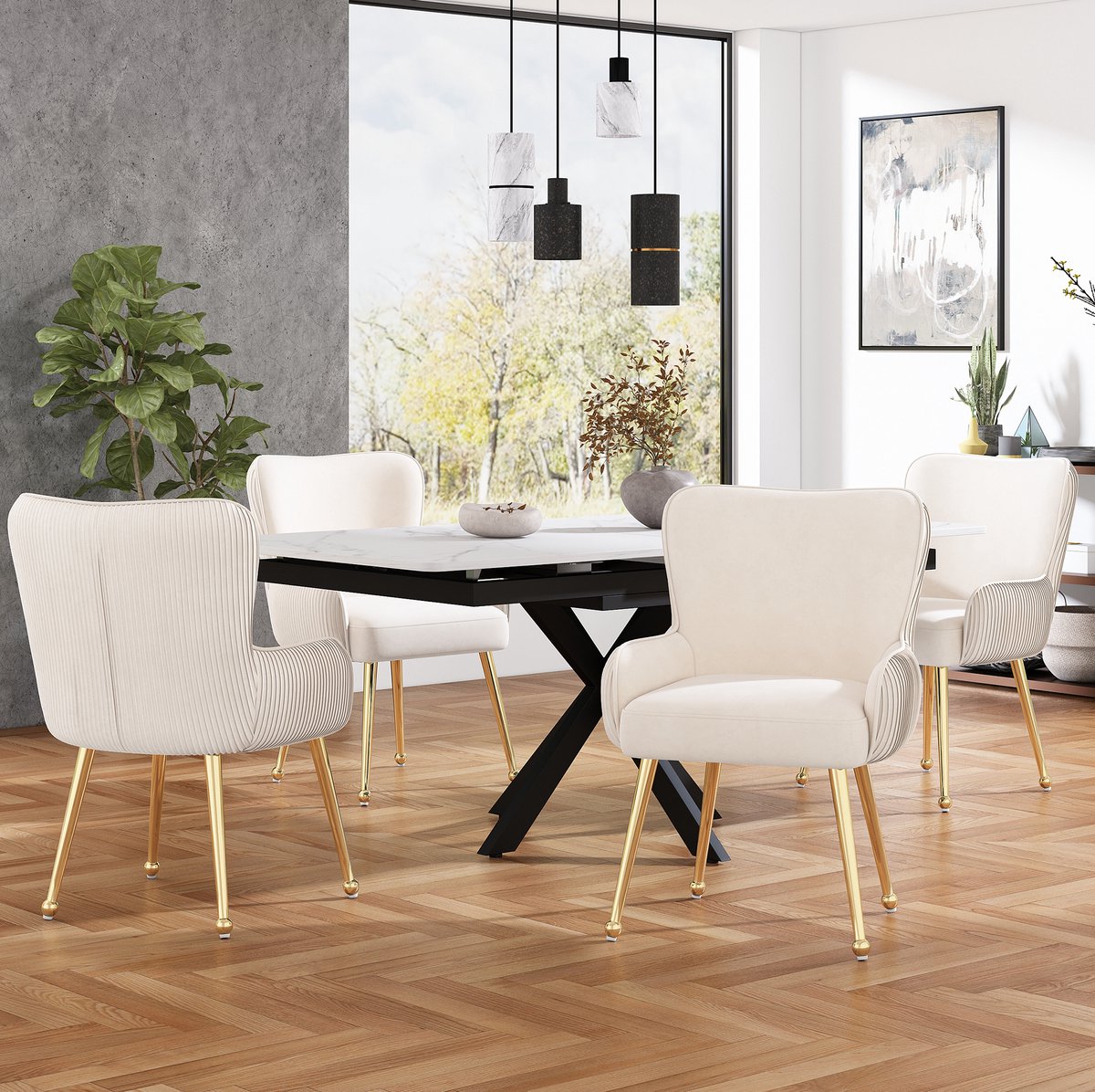 COVREO Eetkamerstoel 83 x 57 cm - beige en goud, velvet, 4 stuks, armleuningen