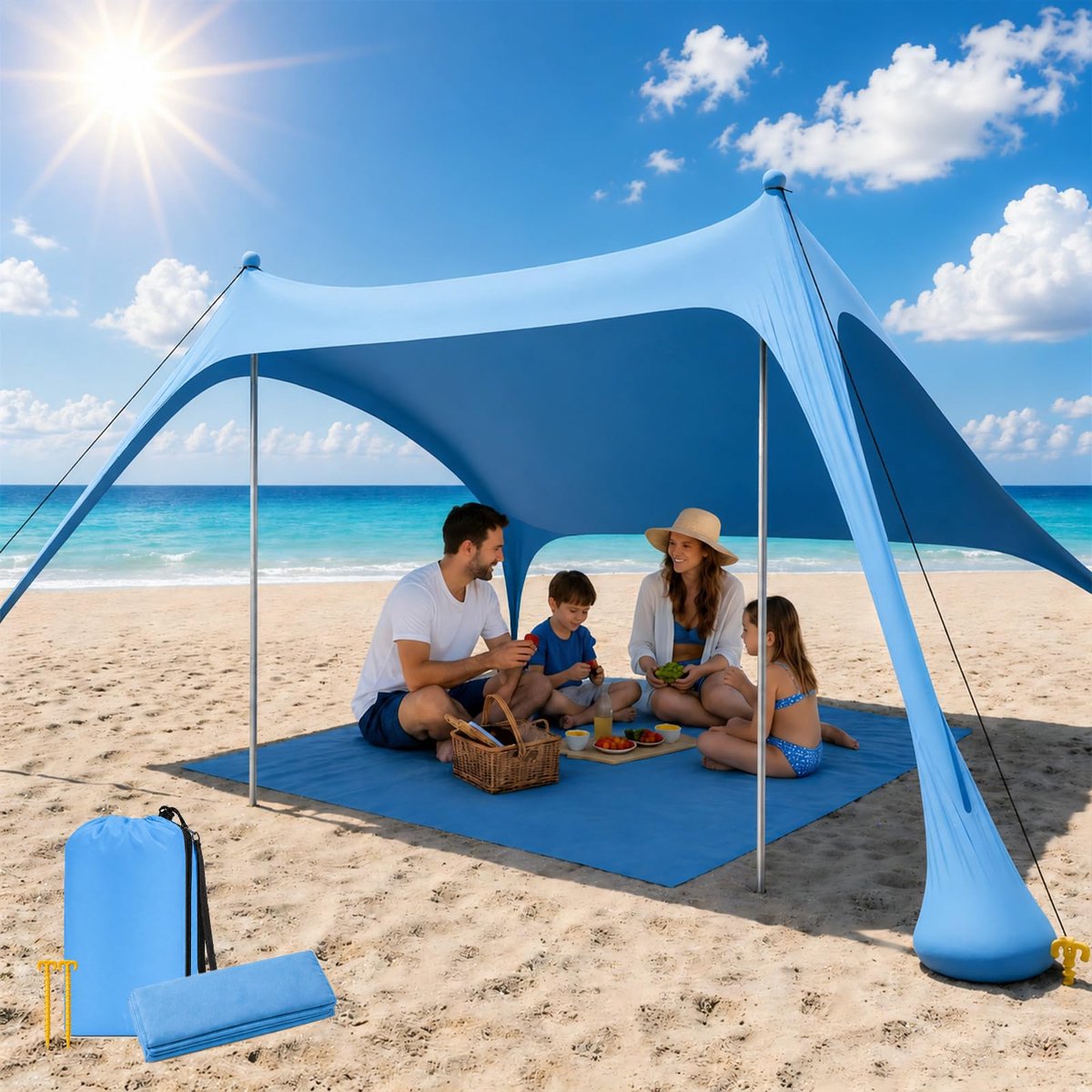 SnelShoppen - Strandtent met UV-bescherming, Draagbare Parasol, Zonnedak voor Camping, Zonnezeil met Aluminium Stangen en Zandankers, Hemelsblauw
