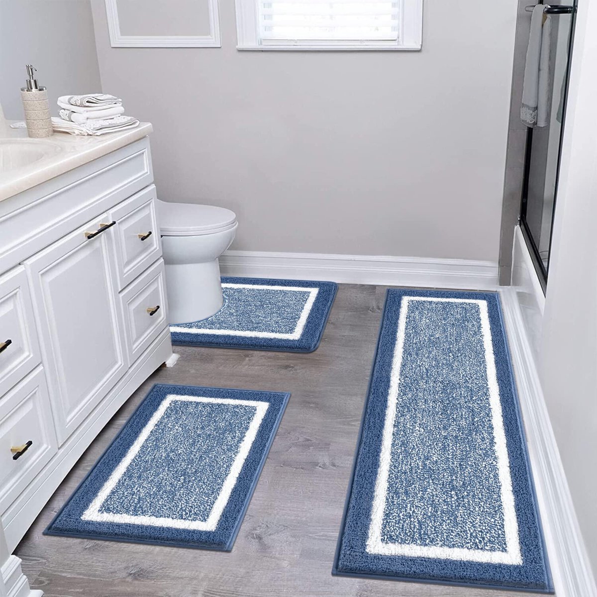 SnelShoppen - 3-delige Antislip Badmat Set - Microvezel Waterabsorberend Douche Tapijt - Wasbaar Blauw Badkamer Vloer Tapijt voor Douche en Voetstuk