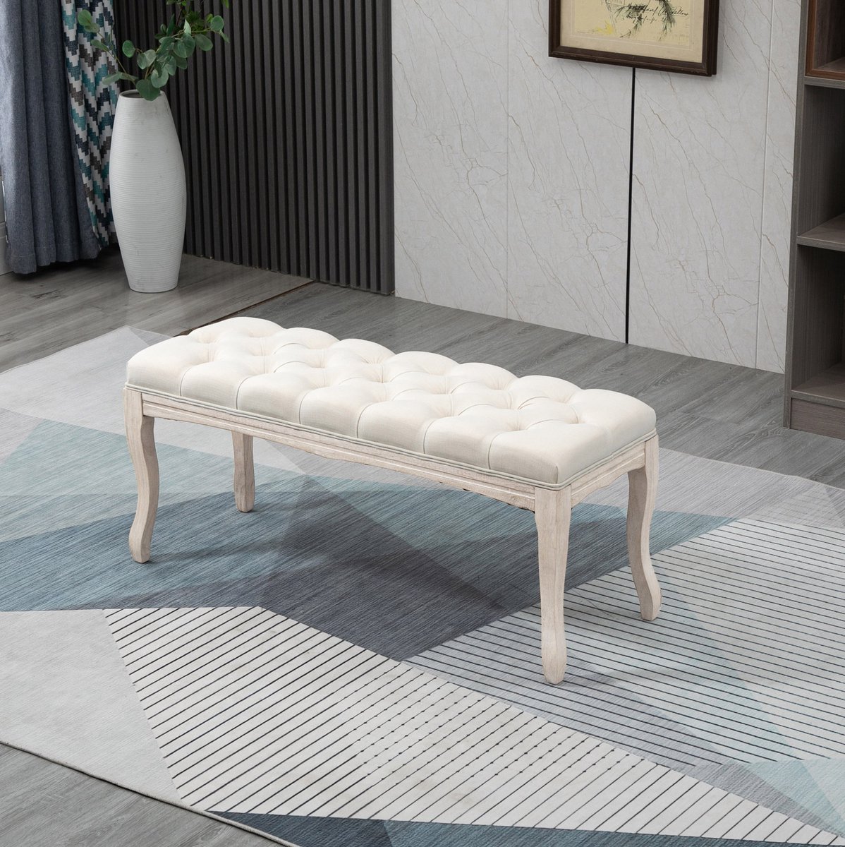 HAUSS SPOLE Bankje – 110 x 40 x 48 cm – Gecapitonneerde Zitting – Linnen En Massief Rubberhout – Beige – Voor Slaapkamer, Hal Of Woonkamer