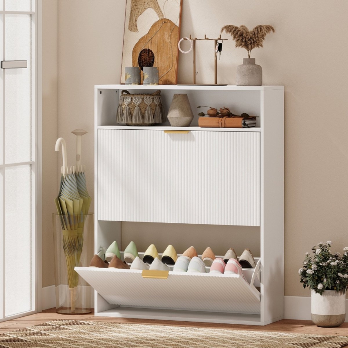 STILVORA Schoenenkast - Smal Staand Rek Met 2 Klapdeuren En Bovenblad - Modern Voor Hal En Entree - Wit - 80x24x102,5 Cm