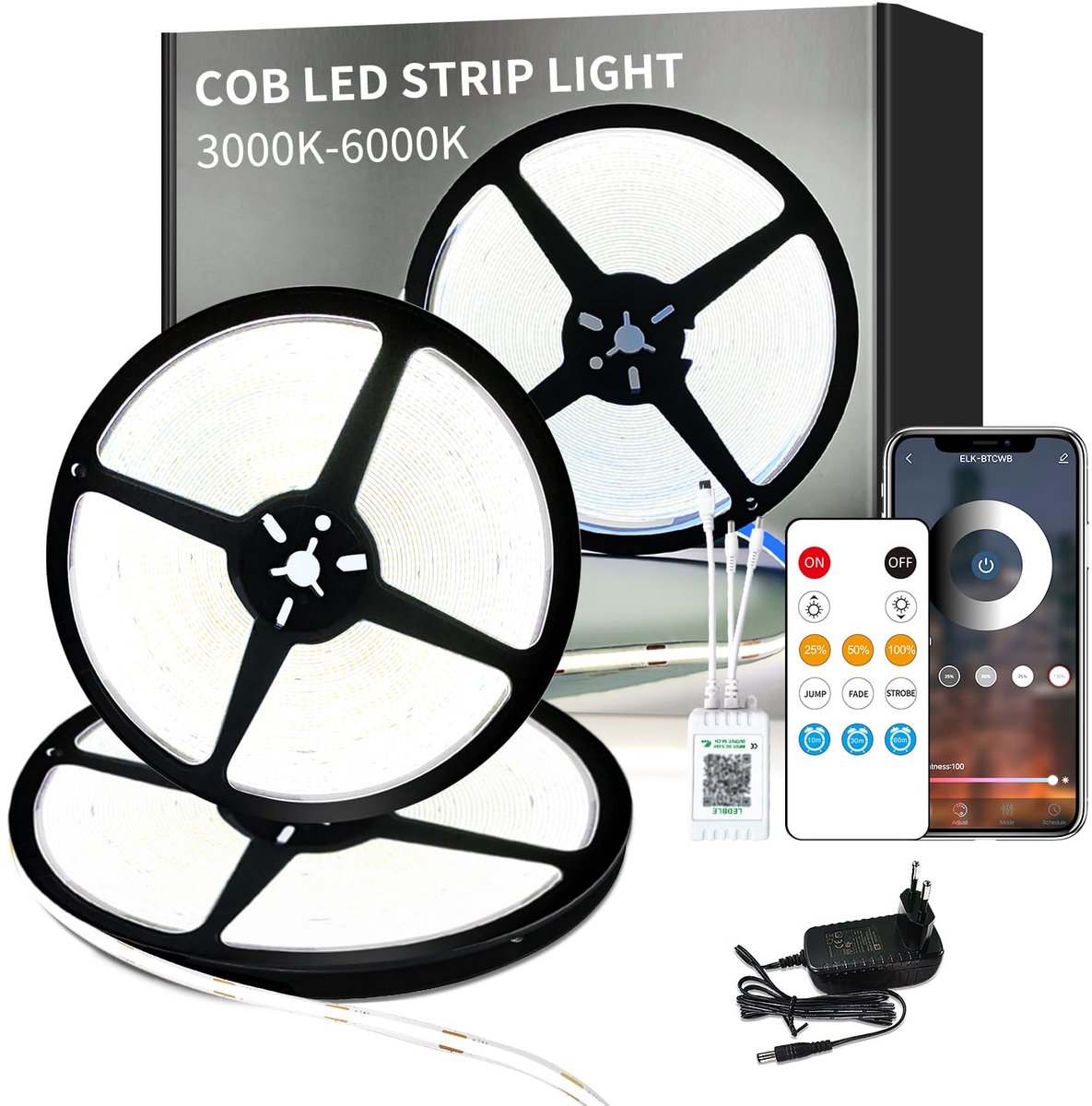 SnelShoppen - Dimbare COB-ledstrip 30m 6000K Wit 24V Flexibele LED-stripset met App en Afstandsbediening voor Thuis, Feest, Doe-Het-Zelf Decoratie