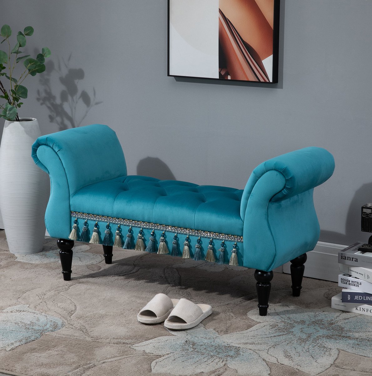 HAUSS SPOLE Bankje – 117 x 40 x 58 cm – Gestoffeerd Met Vintage Uitstraling – Polyester En Hout – Blauw – Voor Slaapkamer, Hal Of Woonkamer