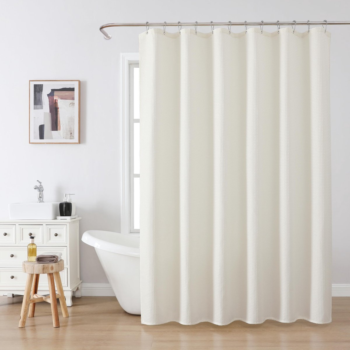 SnelShoppen - Douchegordijn Wafelstof Waterdicht met Metalen Ringen - Zwaar Anti-schimmel Textiel Badkamer Gordijn 182 x 198 cm Crème voor Douchecabin