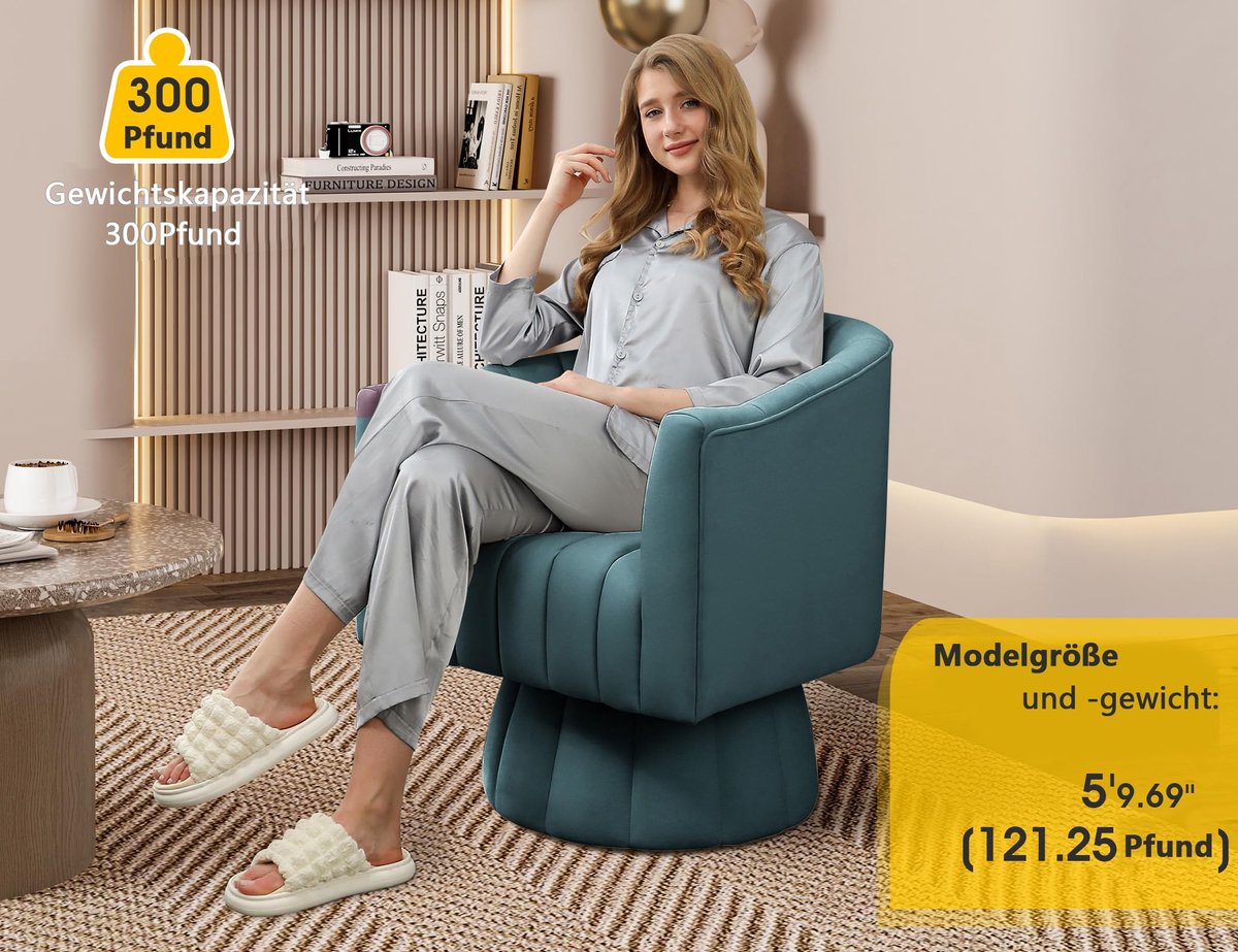 SnelShoppen - Draaistoel voor Woonkamer 360° Draaibaar, Knuffelton Accentbank, Ronde Fluwelen Stoel, Breed Gevoerd, Pluizig, Blauw voor Slaapkamer en