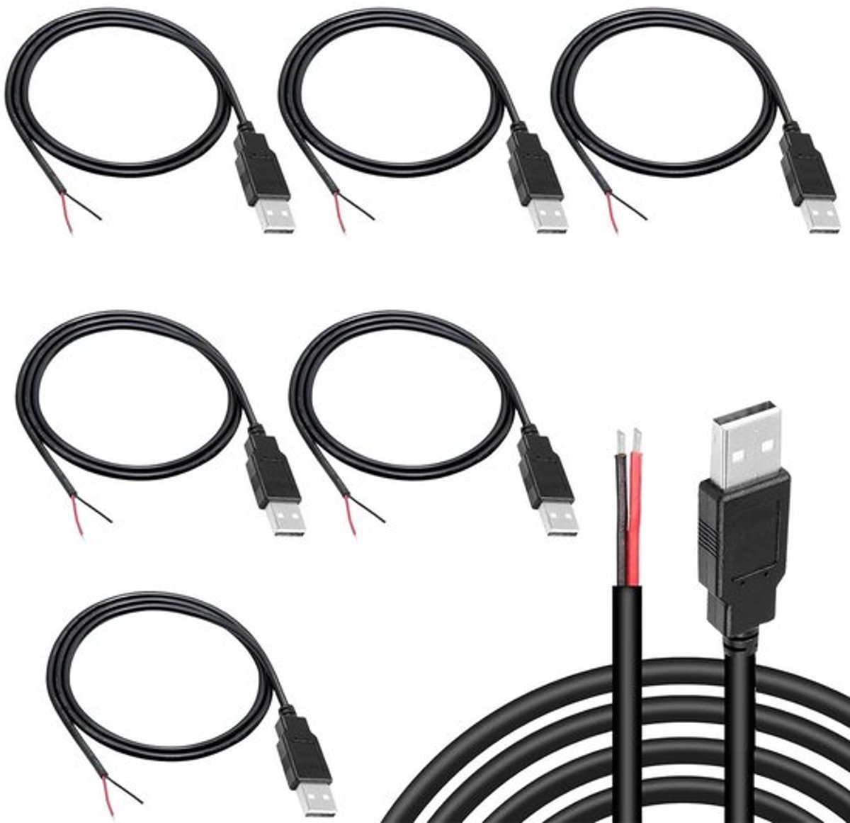 USB-pigtail-kabel 5 stuks, 2-aderig, 2-polige draad, 0,3 m, stroomkabel, oplaadkabel, reservekabel