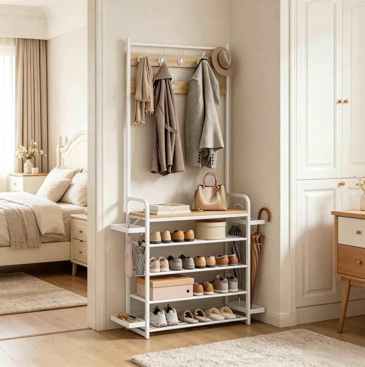 HAUSS SPOLE Kledingrek – 104 x 190 x 30 cm – Verstelbare Zijbakken En Schoenenrek – Metaal En Spaanplaat – Wit En Licht Eiken – Voor Hal