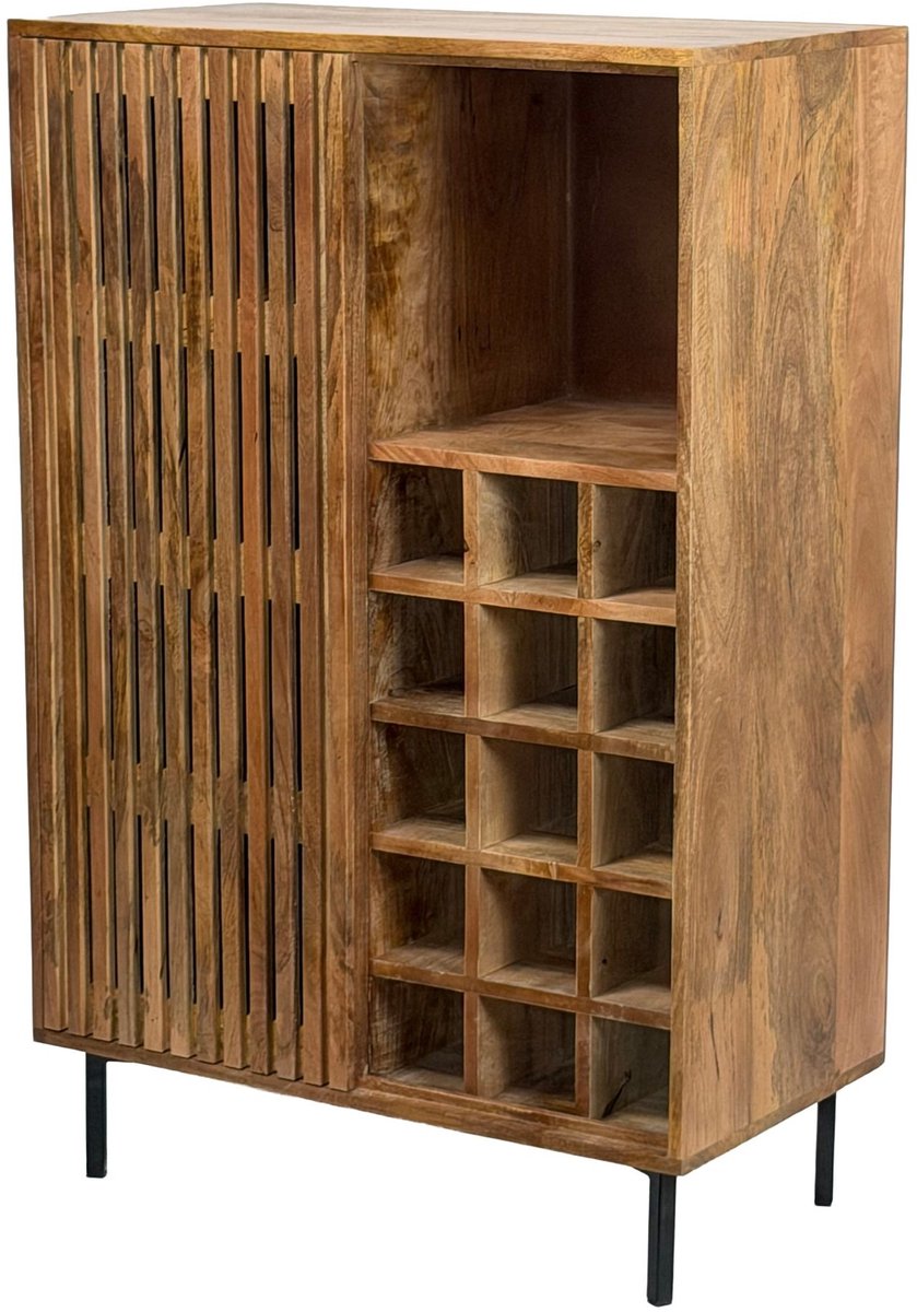 Ervesto Huisbar Mango Massief Hout 80x123 Cm - Barkast - Wijnkast - Industriële Huisbar - Met Geïntegreerd Wijnrek 15 Flessen - Zwart Metalen Frame