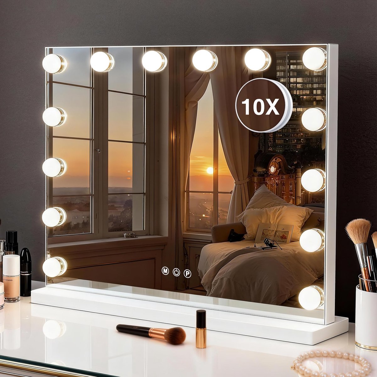 SnelShoppen - Hollywood Make-upspiegel met 3 Kleurmodi, Dimbare LED Lampen, 10x Vergroting - Verlichte Make-upspiegel voor Bureau, Slaapkamer, Tafelbl