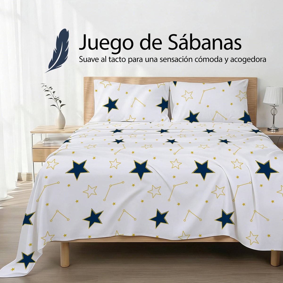 SnelShoppen - Lakenset 4-delig voor bed 150 cm, zachte microvezel, ademend, sterrenmotief, inclusief hoeslaken, bovenlaken en 2 kussenslopen, perfect