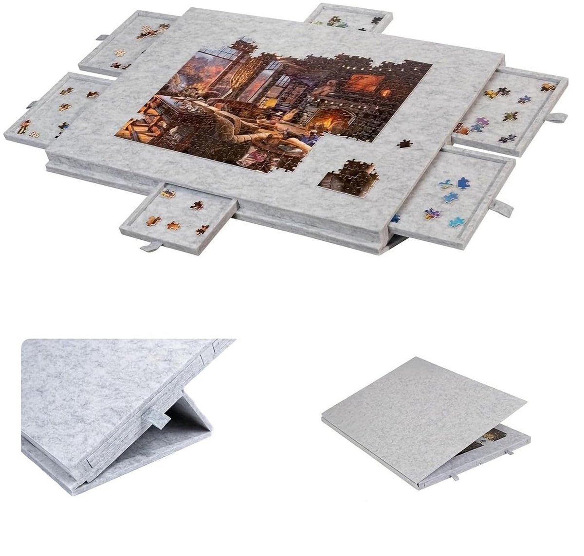 SnelShoppen - Jigsaw puzzelbord met verstelbare beugel en 6 laden, draagbare puzzelmat met hoes en 4 opvouwbare sorteerbakken voor 1000 stukjes - Grij