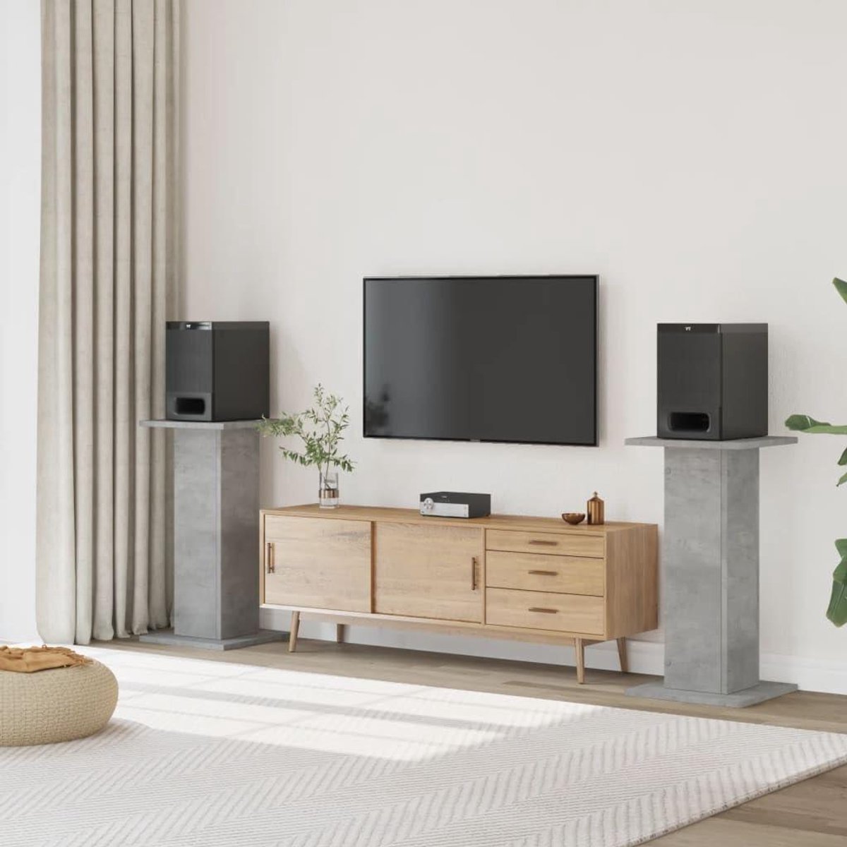 Luidsprekerstandaard - Speakerstandaard Hout - Muziek Luisteren - Hol Met Zand Vulbaar - 30 x 30 x 80 cm - Betongrijs