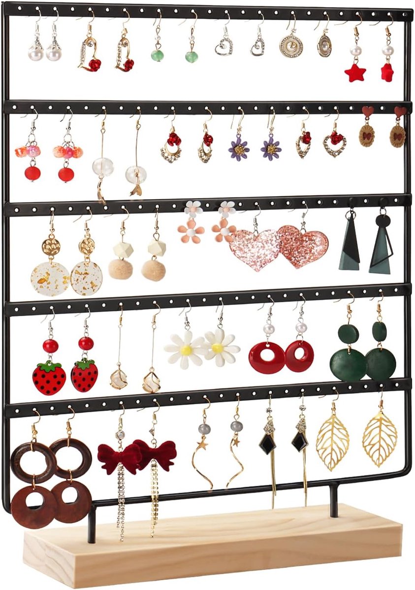 SnelShoppen - Oorbellen Opbergrek 120 Plaatsen – 5-Lagen Sieraden Display met Houten Basis (Zwart/Wit) – Perfect voor Organisatie van Sieraden, Feeste
