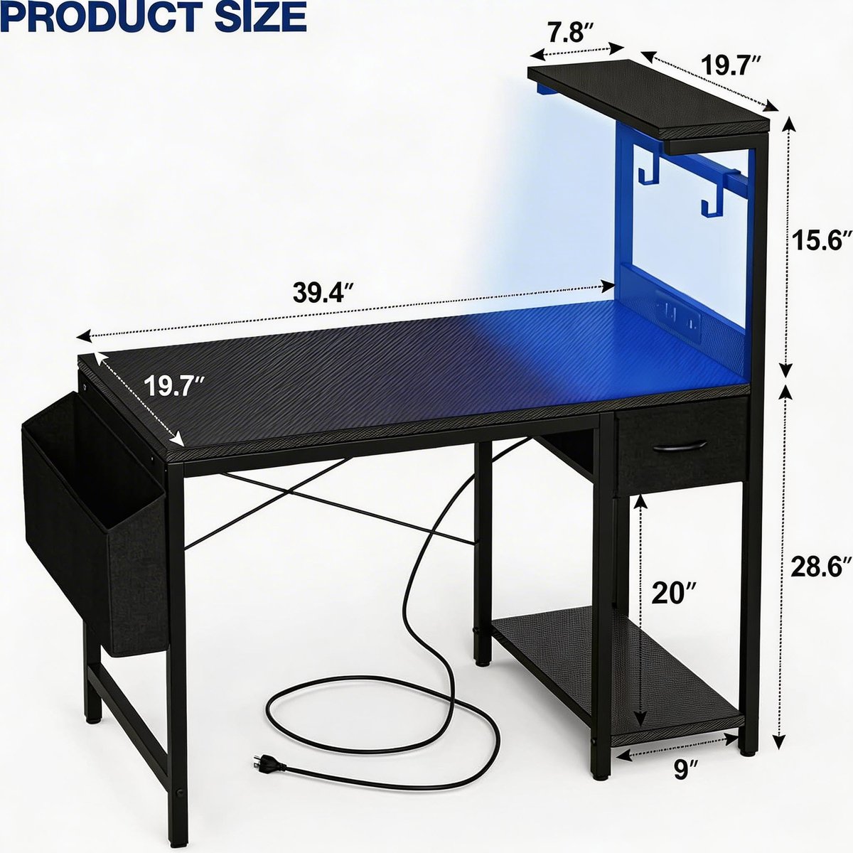 SnelShoppen - Gamingbureau 100x50 cm met Stopcontact en LED-Verlichting, Klein PC-Bureau met Omkeerbare Planken en Opberglade, Koolstofvezel Zwart voo