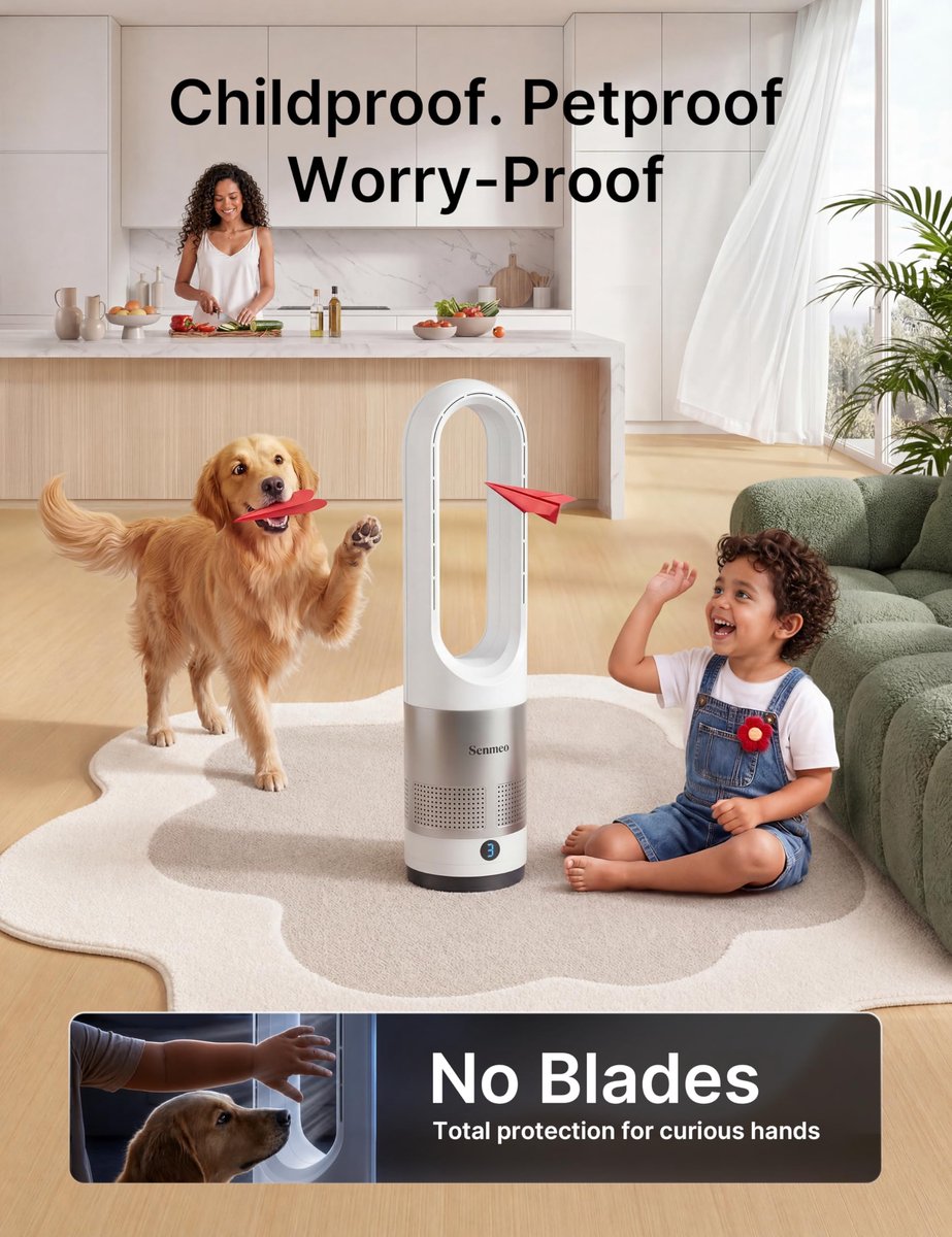 SnelShoppen - Rotorloze Ventilator 35 dB, 90 Graden Oscillatie, 8 Snelheden, 9 Uur Timer, Stil met Afstandsbediening voor Slaapkamer, Kantoor, Camping