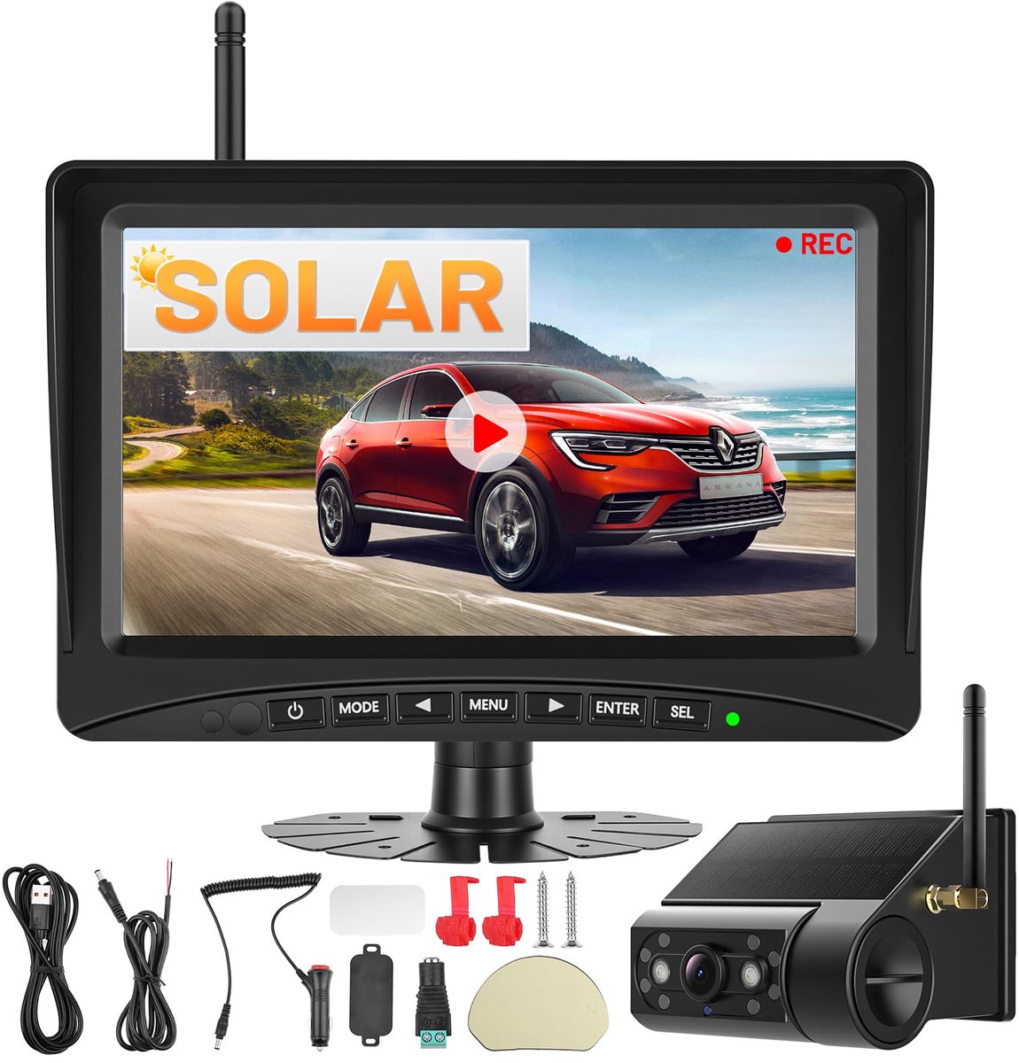SnelShoppen - Draadloze Achteruitrijcamera Zonne-energie 5 Inch Monitor Kit 1080P HD IR Nachtzicht IP66 Waterdicht voor Bestelwagens