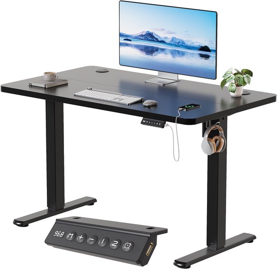 Compleet zwart, elektrisch verstelbaar bureau met monitor, toetsenbord, muis, telefoon en koptelefoonhouder. Inclusief los drukpaneel.