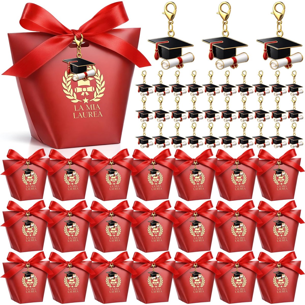 Dailygoods - 50 Sets Cadeauverpakkingen voor Afstuderen met Hoedjes Sleutelhangers