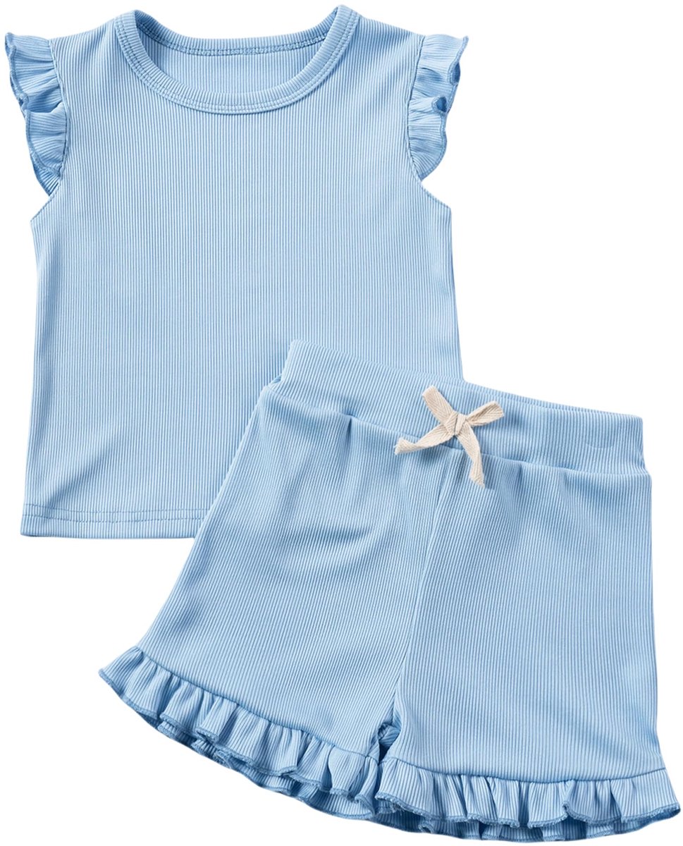 SnelShoppen - Zomerjurken voor Babymeisjes - Geribbelde Ruches T-shirt met Shorts Set - Flare Mouwen Peuteroutfit 2 Stuks - Kleding voor Kleine Meisje