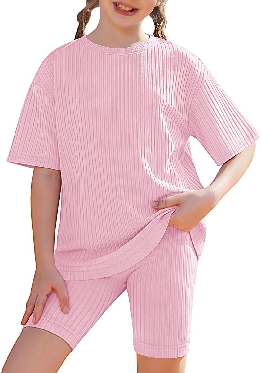 SnelShoppen - 2-delige Kledingset Meisjes, Zomeroutfit met T-shirt Korte Mouwen en Shorts, Geribbeld, Rekbaar en Ademend, Vrijetijdskleding voor Kinde