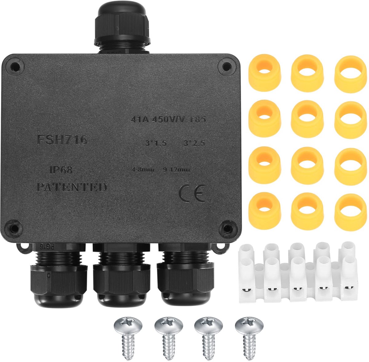 Dailygoods- Aansluitdoos IP68 Waterdicht - 4-weg Verdelendoos - Buitenkabel Connector - Zwarte Verlengkabel - 450V/24A - 4-12mm Kabelcapaciteit - Verdeeldoos