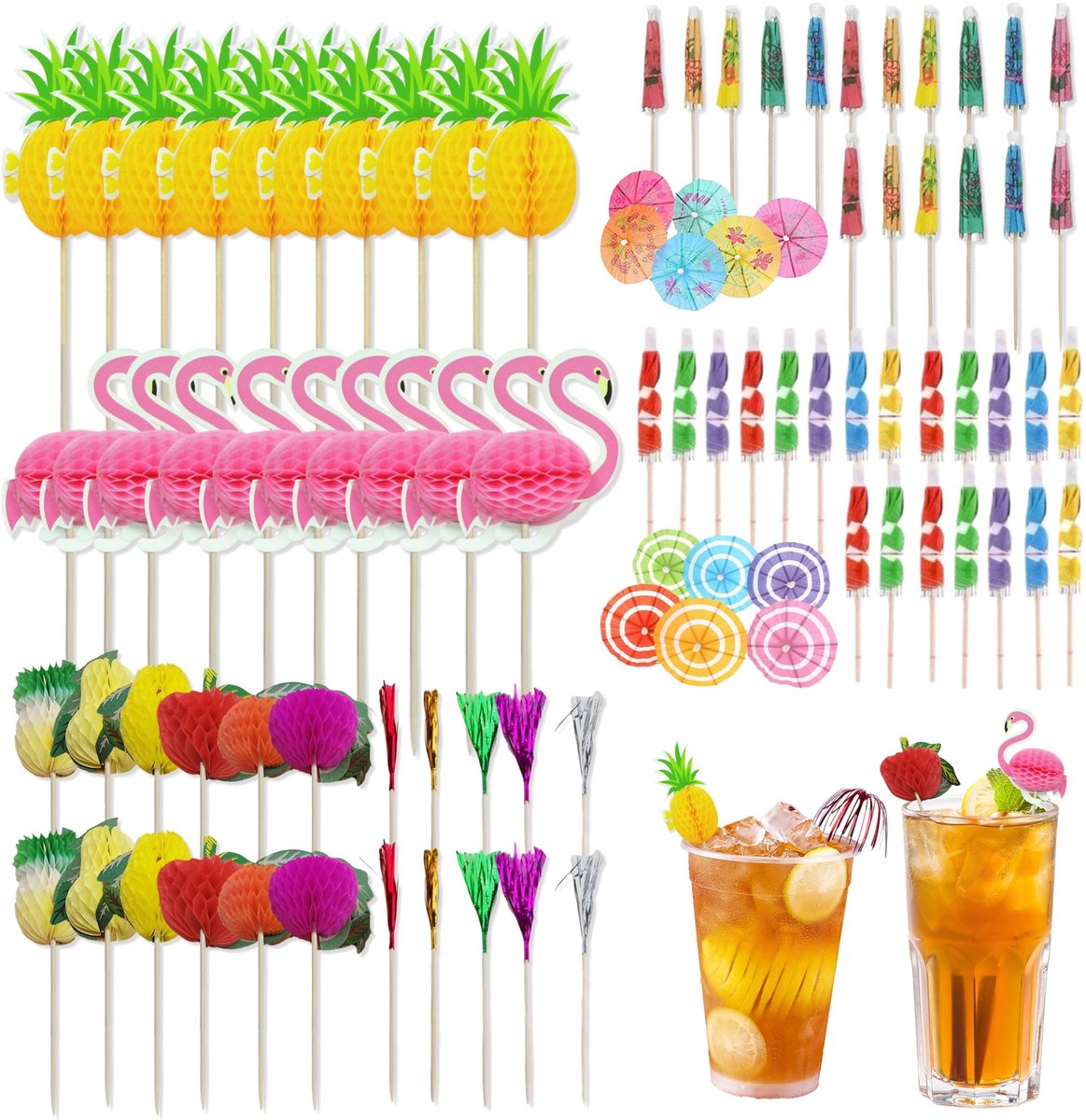 Dailygoods- Cocktaildecoratie 120 Stuks - Cocktailaccessoires - Cocktailparaplu - Vuurwerkstokjes - Ananasstokjes - Flamingostokjes - Kleurrijk voor Verjaardagen/Bars/Bruiloften