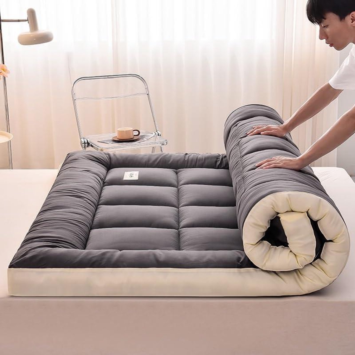Verdikte Futonmatras - Slaapkussen Logeerbed - Comfortabel Slapen - Opvouwbaar Ontwerp - 90x190cm - Grijs