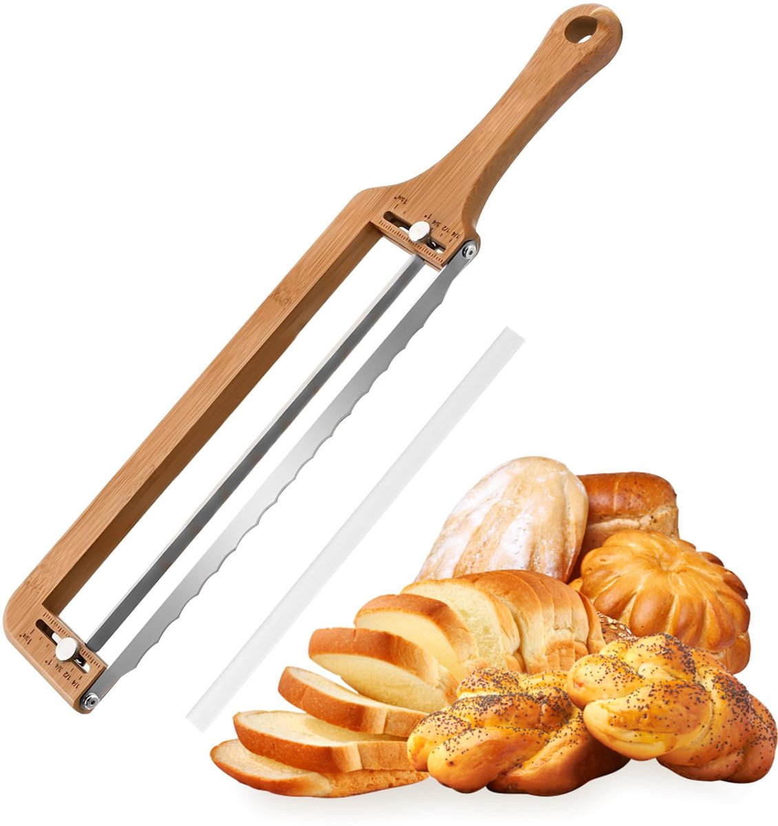 SnelShoppen - Verstelbaar Broodmes met Houten Broodsnijder voor Zelfgebakken Brood, Multifunctioneel voor Zuurdesembrood en Stokbrood, Dikte-instellin
