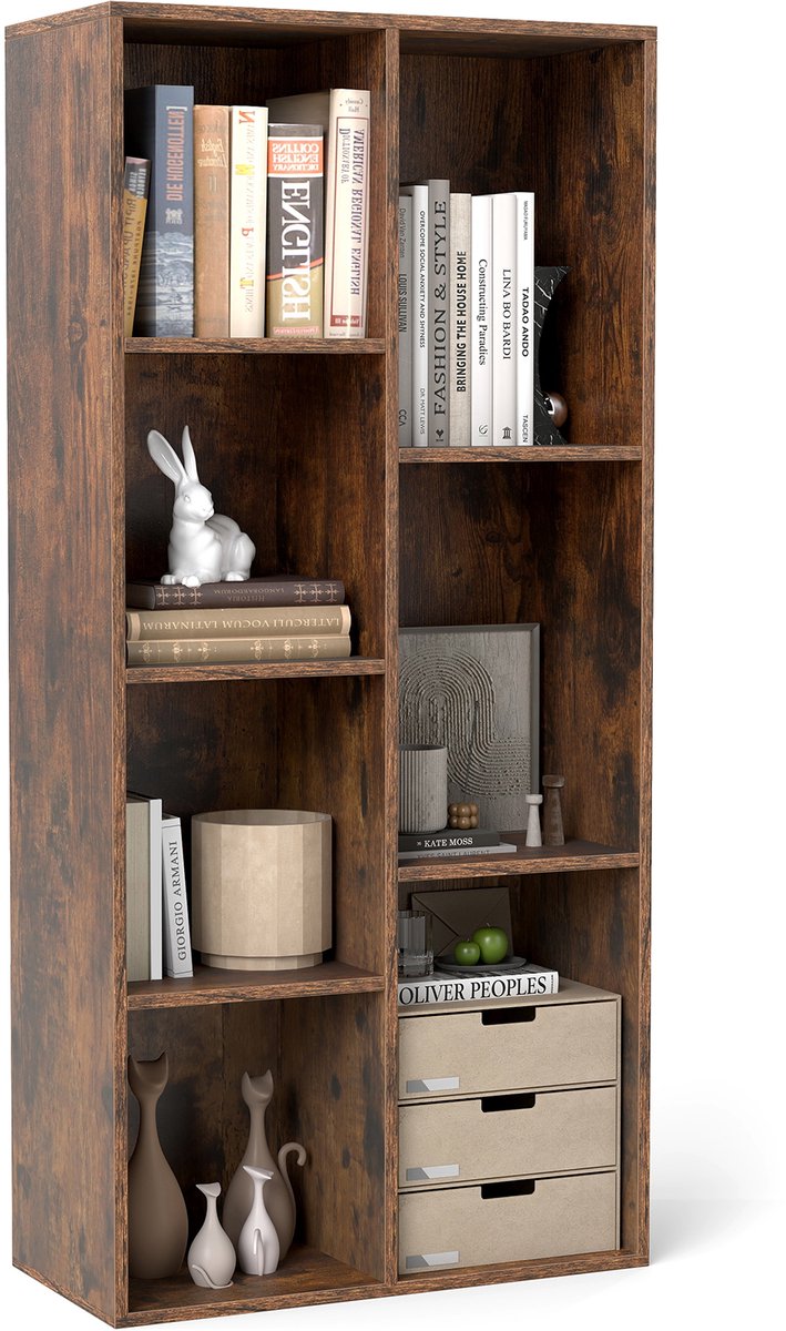 COSTWAY Boekenkast met 7 Vakken – Vrijstaande Kast, Ruimteverdeler, Blokkenkast Horizontaal of Verticaal Plaatsen, incl. 2 Kantelbeveiligingssets voor Woonkamer (Bruin, 49,5 x 23 x 106 cm)