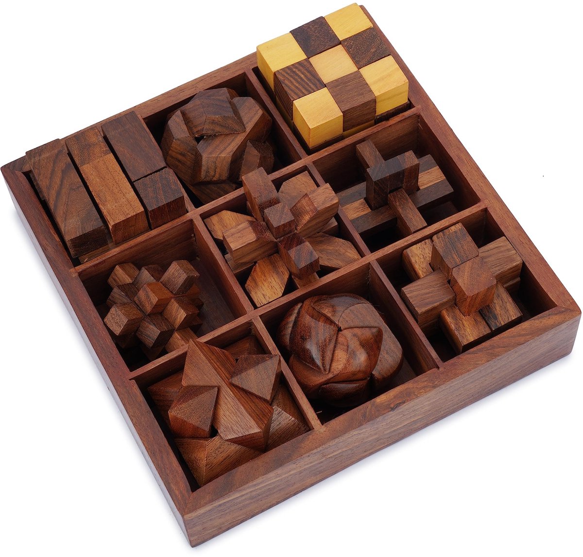 SnelShoppen - 9 Puzzles in een Box - Handgemaakte 3D Brain Teaser Logic Games voor Volwassenen en Kinderen - Educatieve Denkspellen en Woondecoratie C