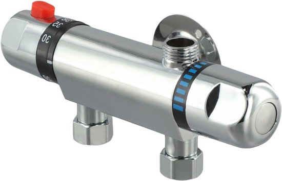 Verchroomde thermostatische douchemengkraan met rode temperatuurknop, blauwe markeringen en temperatuurindicatie 30-38.