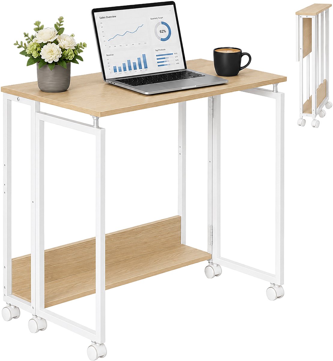 Bureau inklapbaar - met wieltjes - 80x50 cm - natuur-wit