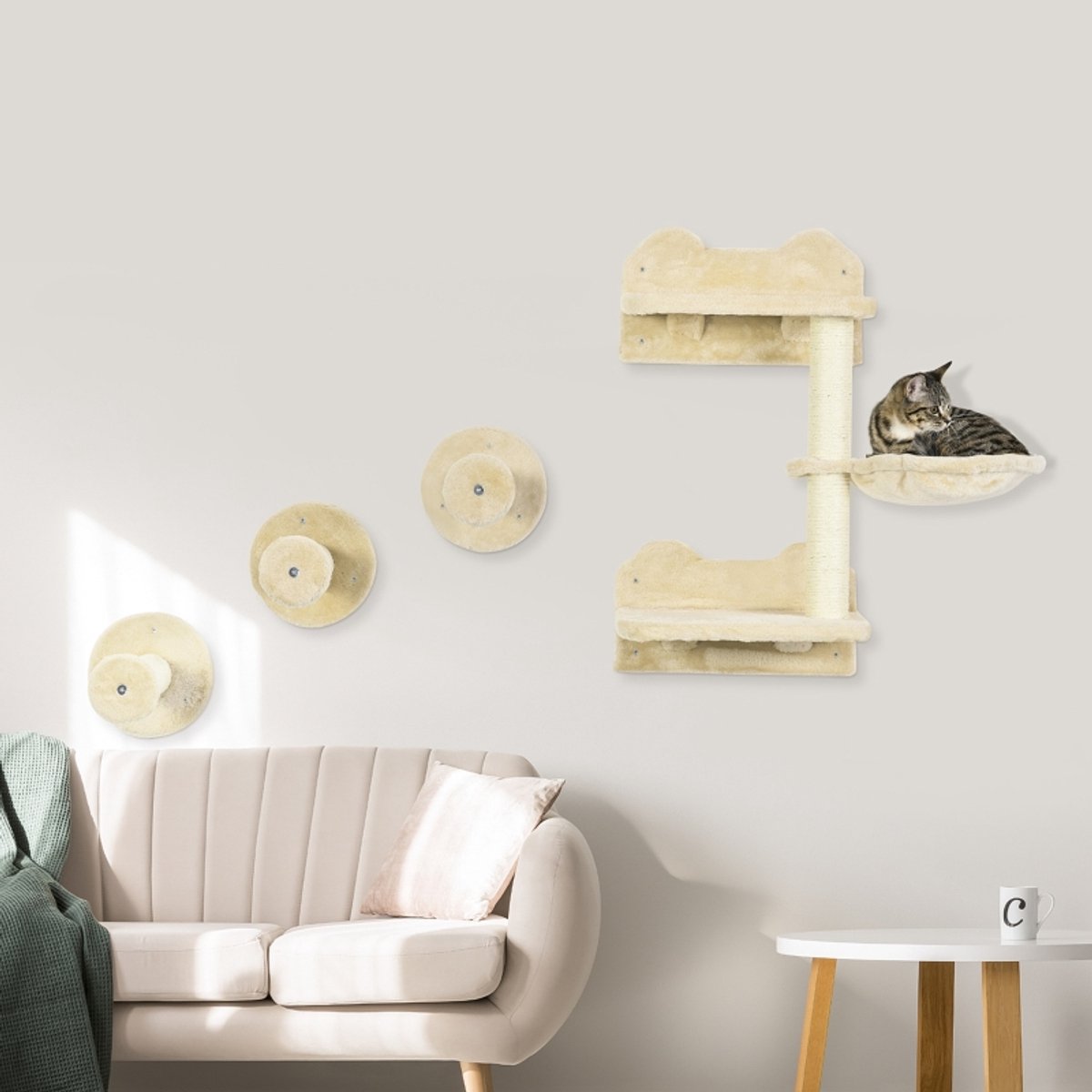 FloraGrace Krabmeubel – 4-Delige Klimmuur Voor Katten – 40 x 28 x 73 cm – Pluche – Beige En Cremewit – Wandmontage Met Hangmat