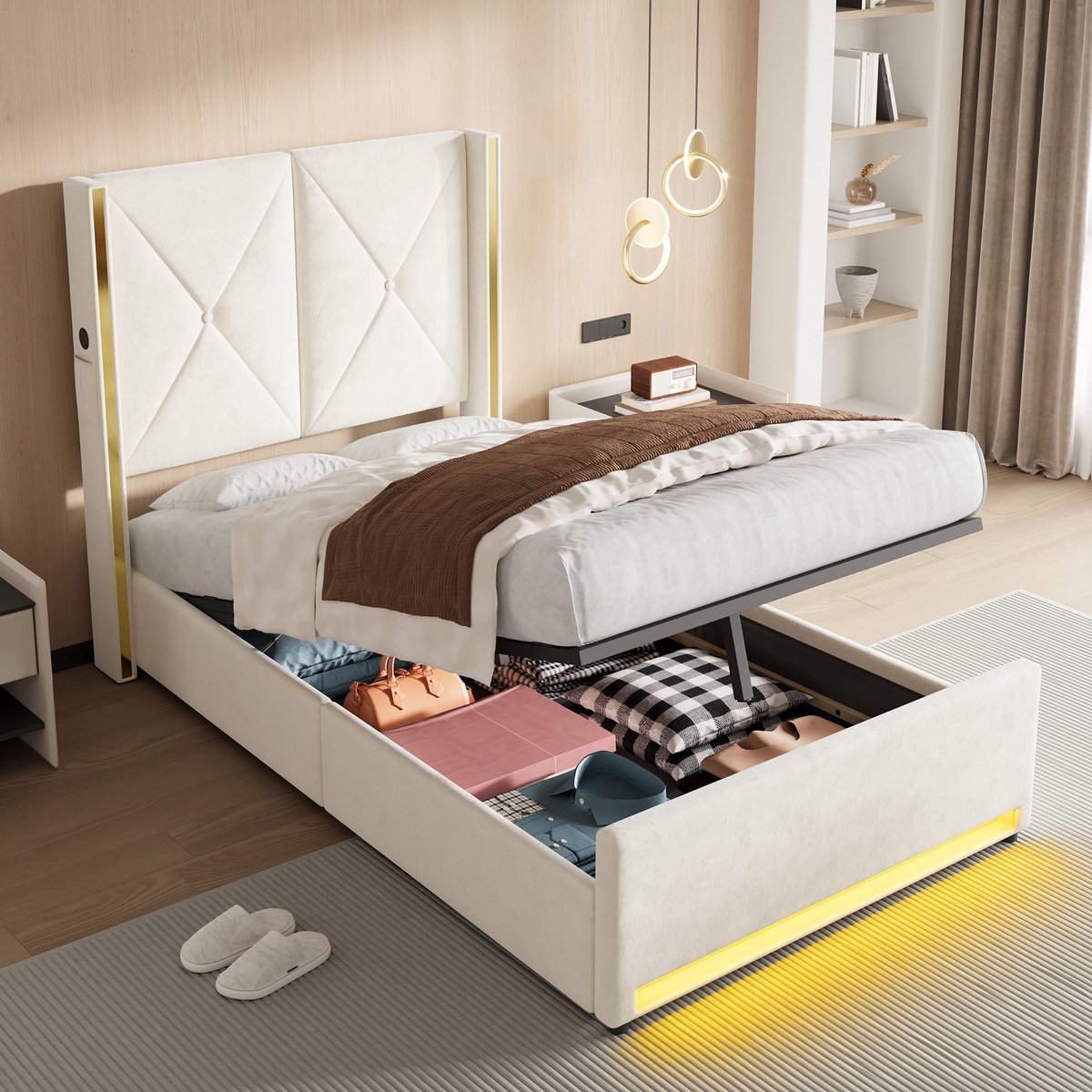 MODFU - Boxspring - Eenpersoons - Beige - Gesteppt Hoofdbord - Opbergruimte - LED - USB