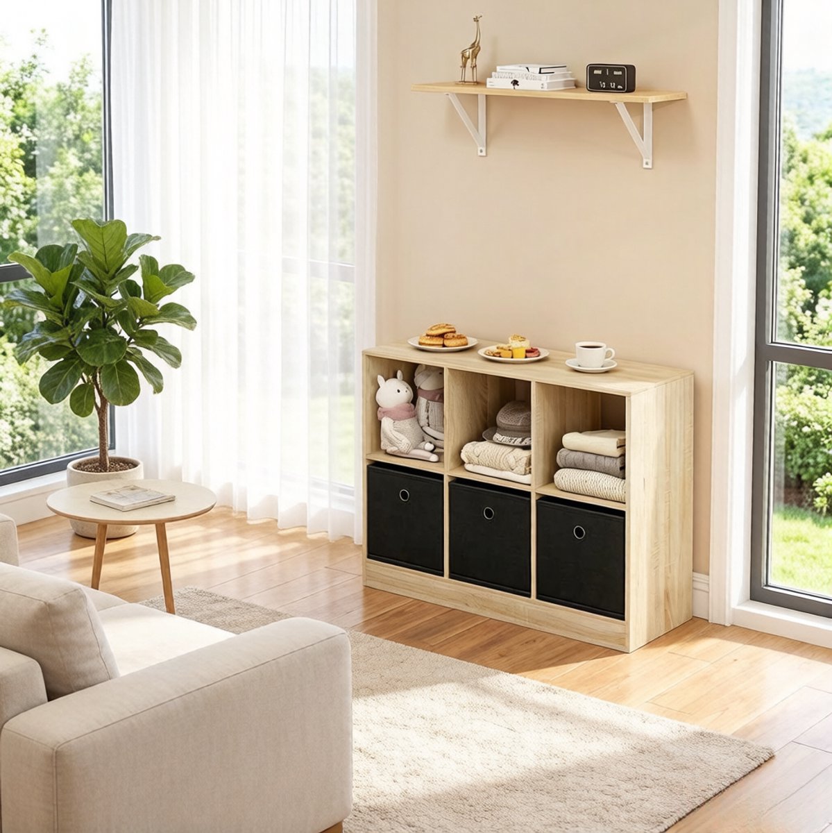 REDOM - Kast - Vakkenkast boekenkast met open vakken en 3 stoffen lades - Vrijstaand - Spaanplaat en vlies - Woonkamer slaapkamer kantoor - 80 x 30 x 61 cm