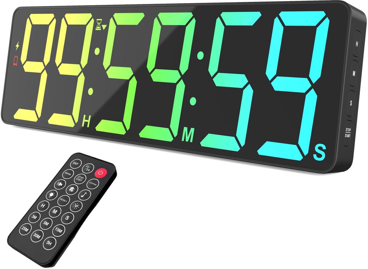 SnelShoppen - 40 cm Digitale Wandtimer met 99Uur Aftellen, Omhoog Tellen, Klok en Afstandsbediening - RGB Wandklok voor Kantoor, Keuken, Woonkamer en