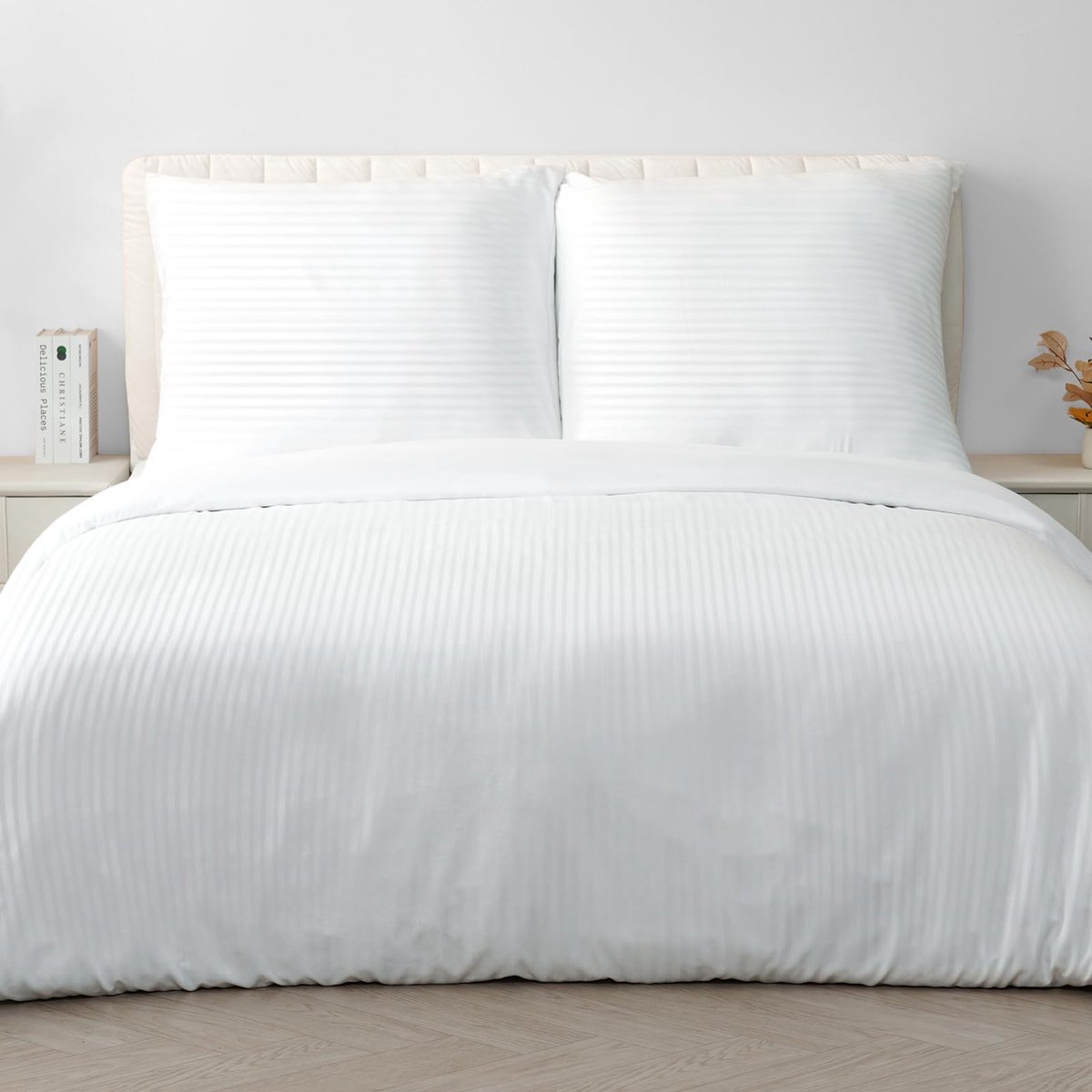 SnelShoppen - Beddengoedset 200 x 200 cm, Wit Gestreept Microvezel Dekbedovertrek + 2 Kussenslopen 80 x 80 cm met Ritssluiting voor Comfortabele Slaap