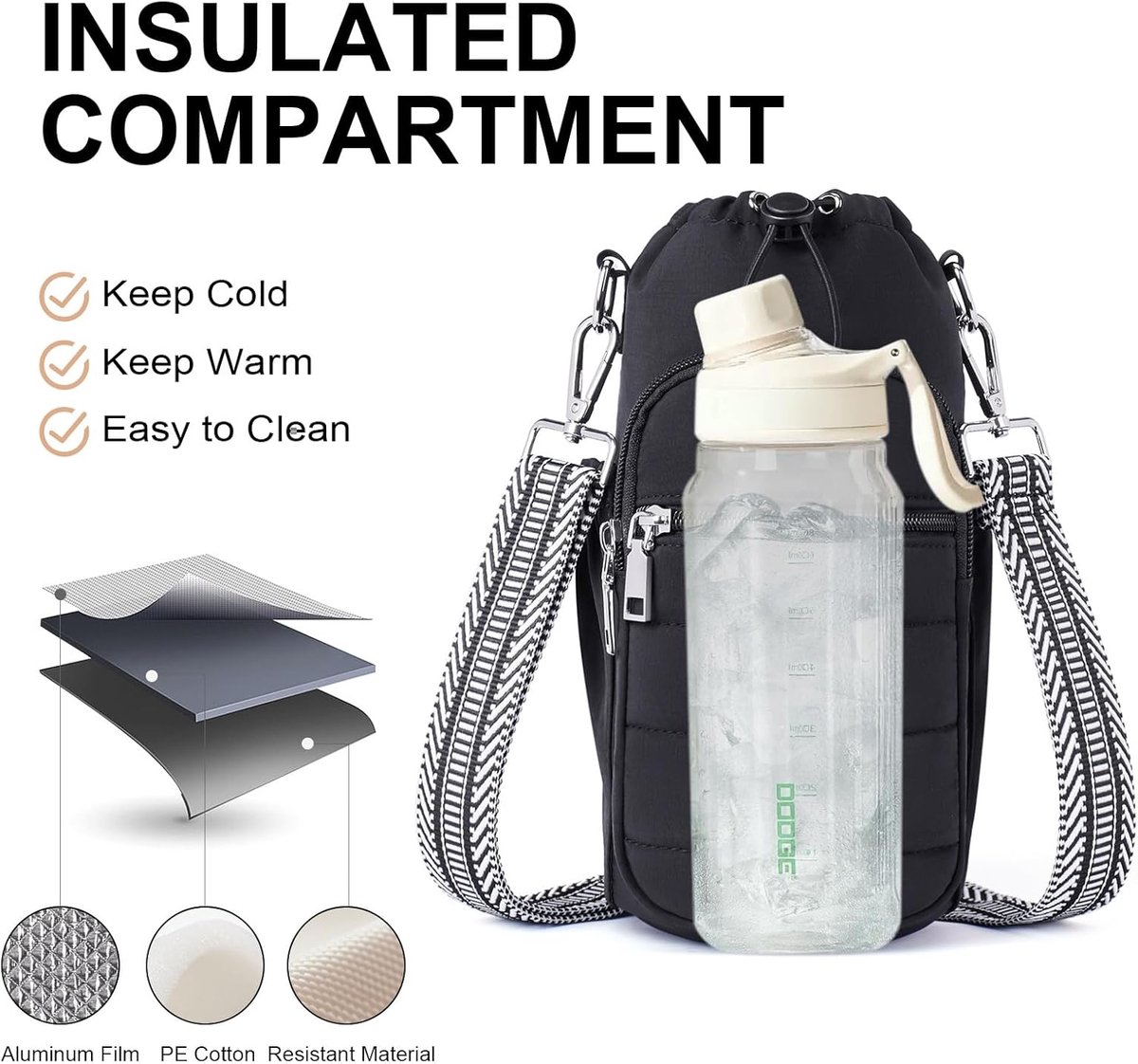 Waterfles tas - Flessenhouder - Waterfles tas - Flessendrager - Met schouderriem - 40 oz - Telefoontasje - Schoudertas - Geïsoleerde waterflestas - Geschikt voor fitness, wandelen, trektochten en buitensporten - Zwart — cadeau in Sport & Outdoor - foto 7