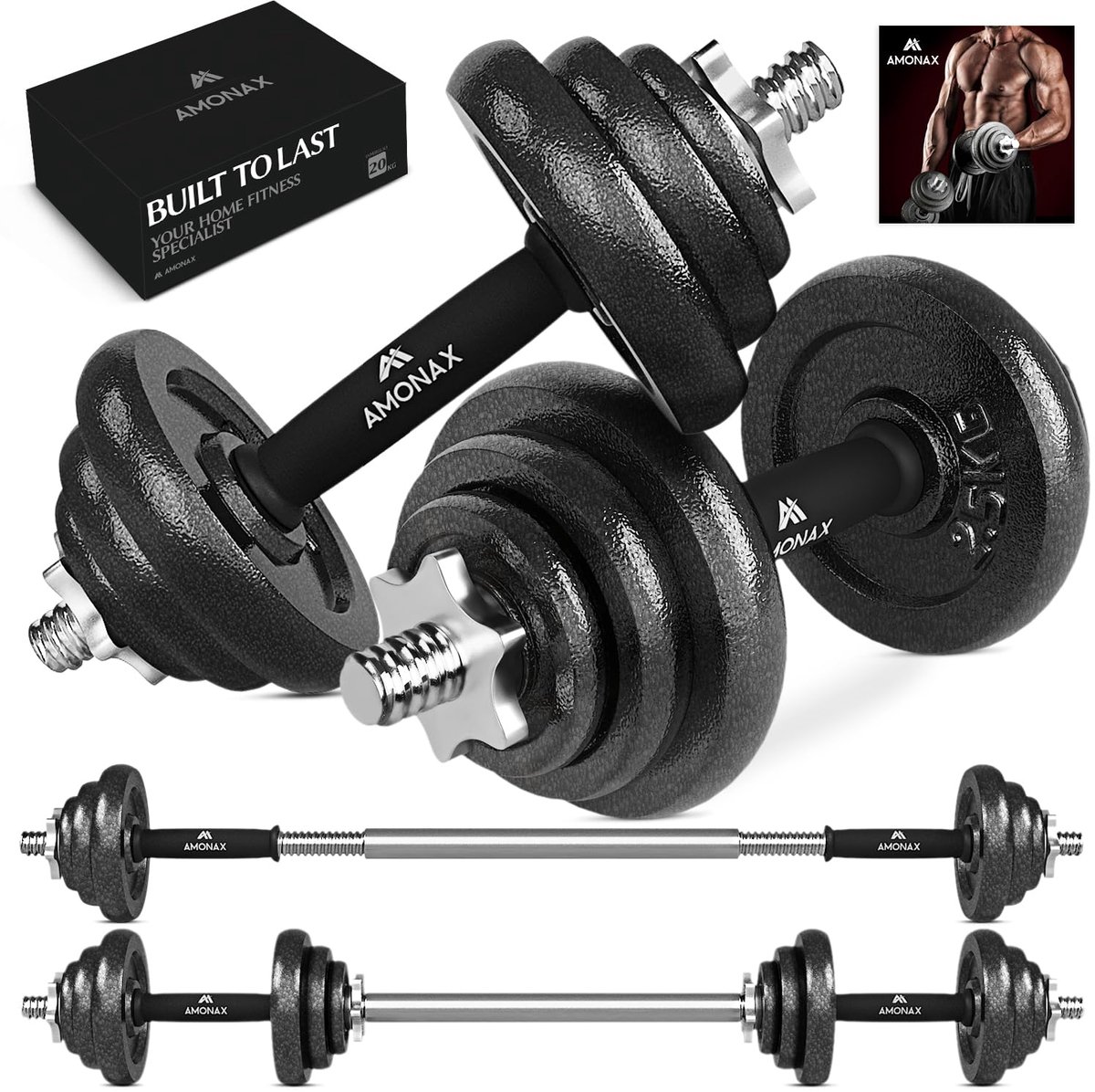 SnelShoppen - Amonax Zwarte Krachttraining Halterset 20KG - Gewichten voor Thuis Gym, Fitness, Bodybuilding, Versteviging, Sporten, Thuisgebruik
