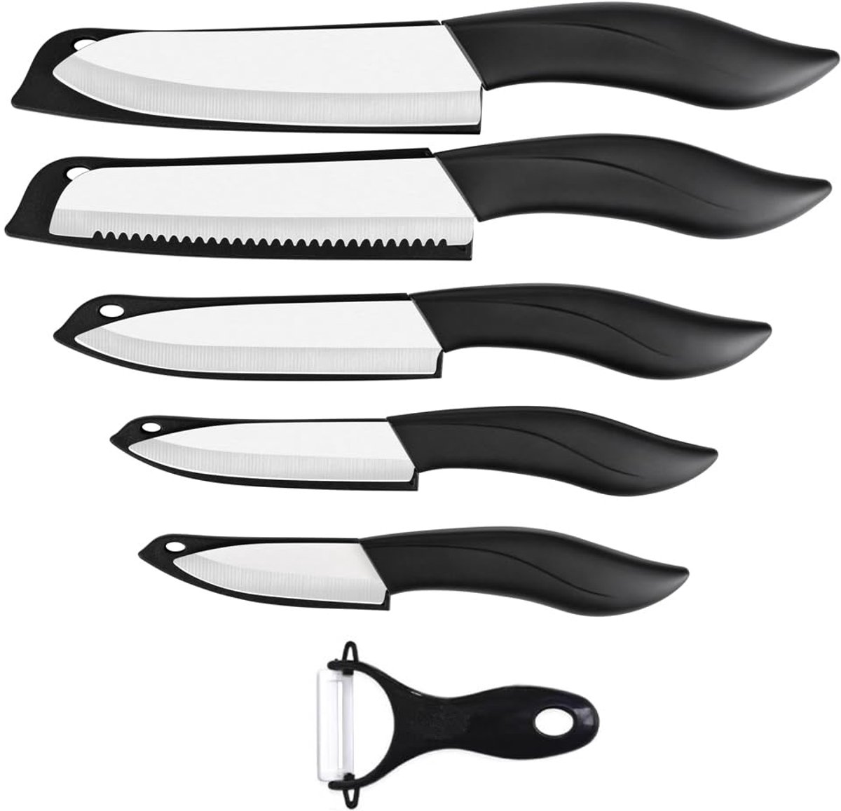 SnelShoppen - 6-delige Keramische Messenset, Geverfd, met Afdekking, Inclusief Dunschiller, 3-inch Paring Mes, Broodmes en 15 cm Koksmes voor de Keuke