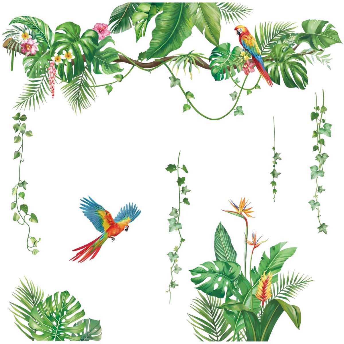 Dailygoods - Muurstickers Tropisch Regenwoud Papegaai met Palmblad - Zelfklevende Muurdecoratie