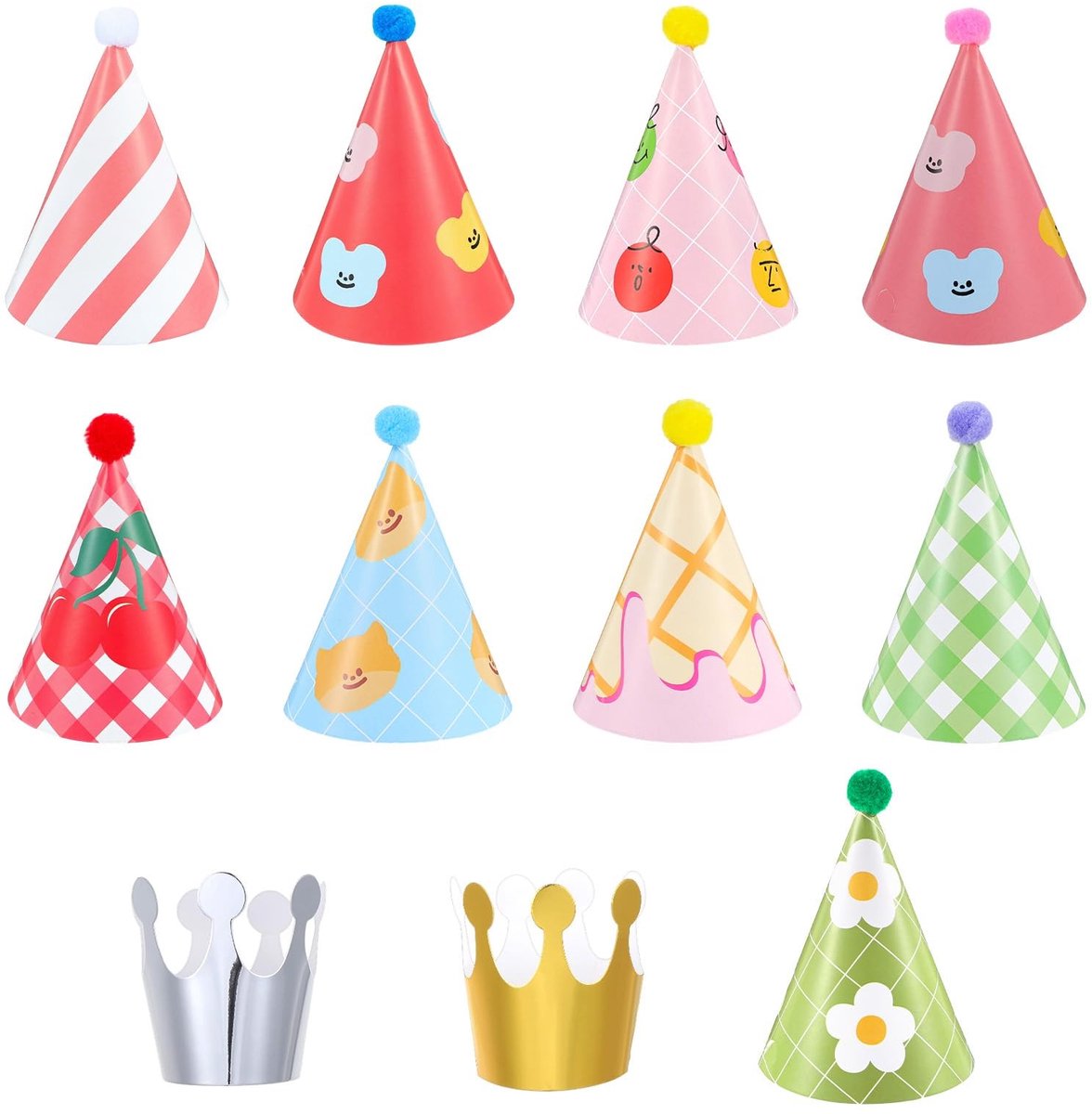 Dailygoods- Feesthoedenset 11 Stuks - Verjaardagskronen - Kleurrijke Mini Hoeden - Papieren Hoeden - Pompons - Compleet voor Feestjes - Verjaardagsmutsen