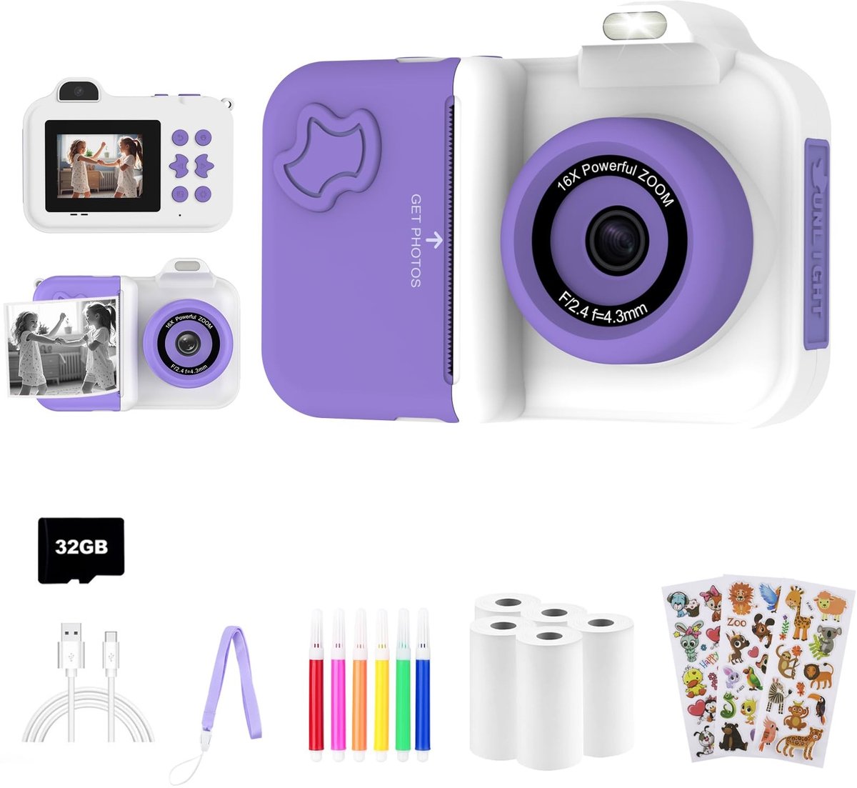 Dailygoods- Camera Digitale Kinderen - Instant Print - 1080P HD - Dubbele Camera - 32GB Geheugenkaart - Inclusief Stickers & Frames - Kindercamera