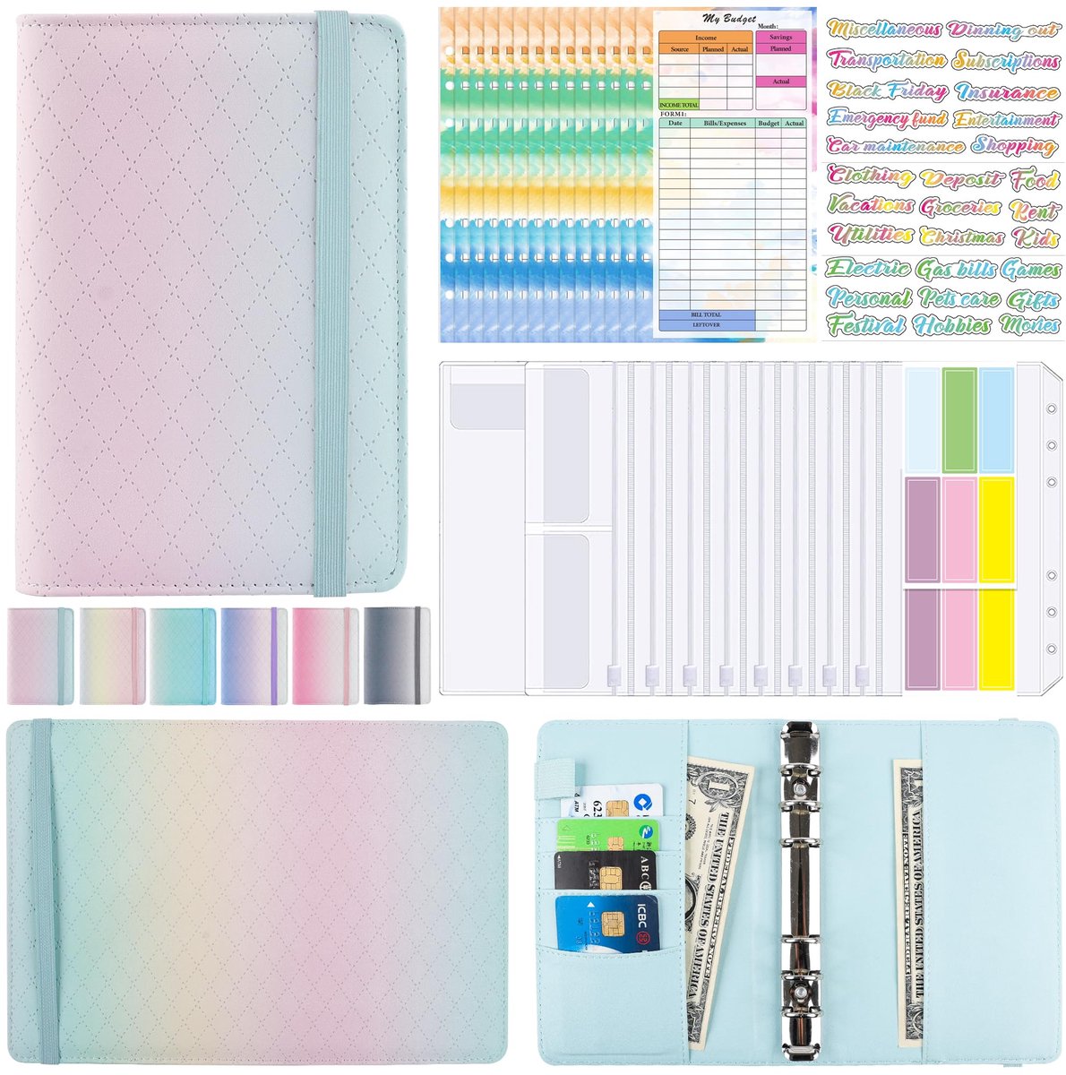 Dailygoods- Budgetbinder met cash-enveloppen - Geldorganizer - 6-rings binder - A6 map - Lichtgewicht - Inclusief 14 kostenbudgetbladen - Budgetplanner