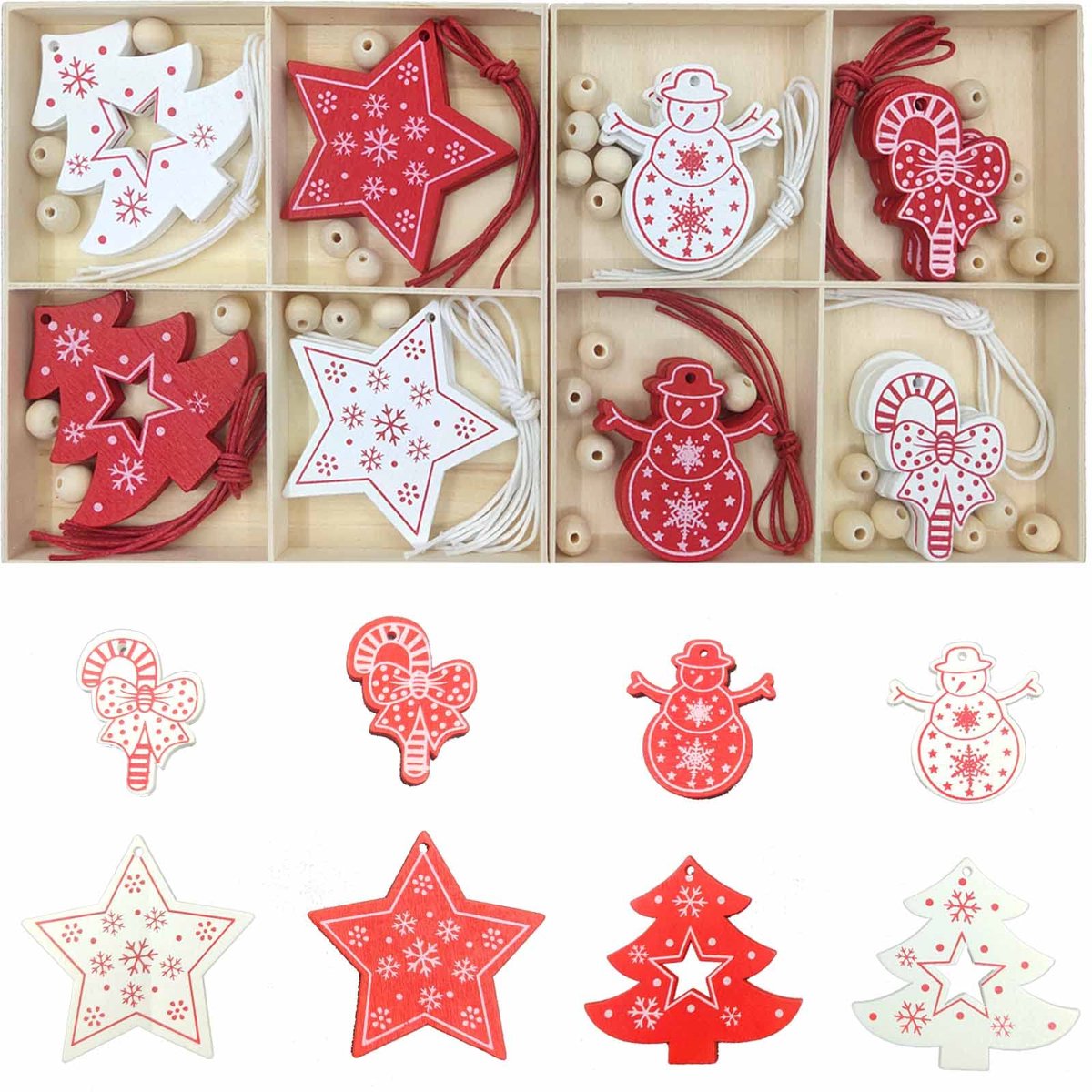 Dailygoods - 32 Stuks Houten Kerstboomversieringen - Retro en Rustieke Hangers voor Feestdecoratie