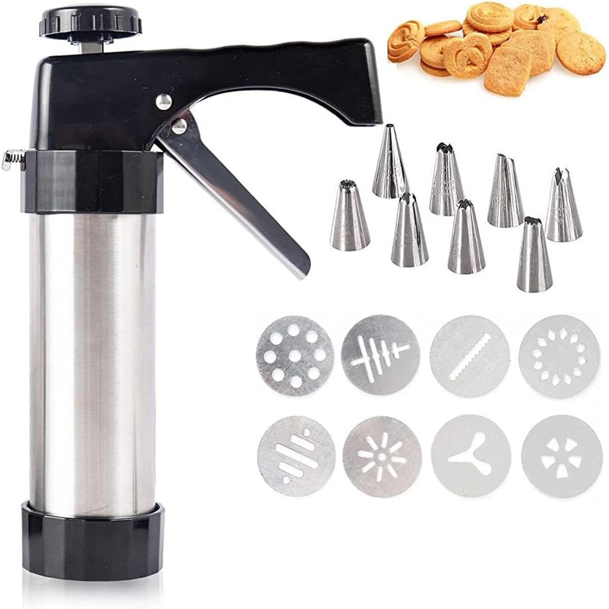 Dailygoods - Bakspuitset van Roestvrij Staal met 8 Sjablonen en Spuitmonden - Ideaal voor Koekjes en Taarten