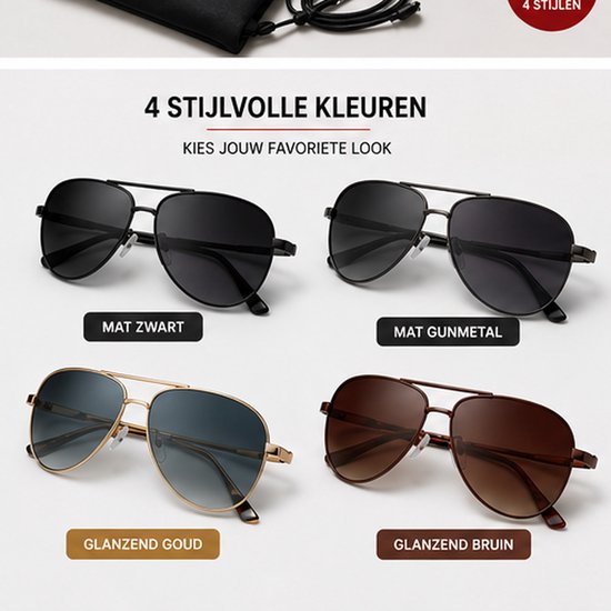 Eye Catcher – Zonnebril Set van 4 – Unisex Pilotenbrillen – Metalen Montuur – Inclusief Hoesjes en Koorden – 4 Kleuren — afbeelding 2