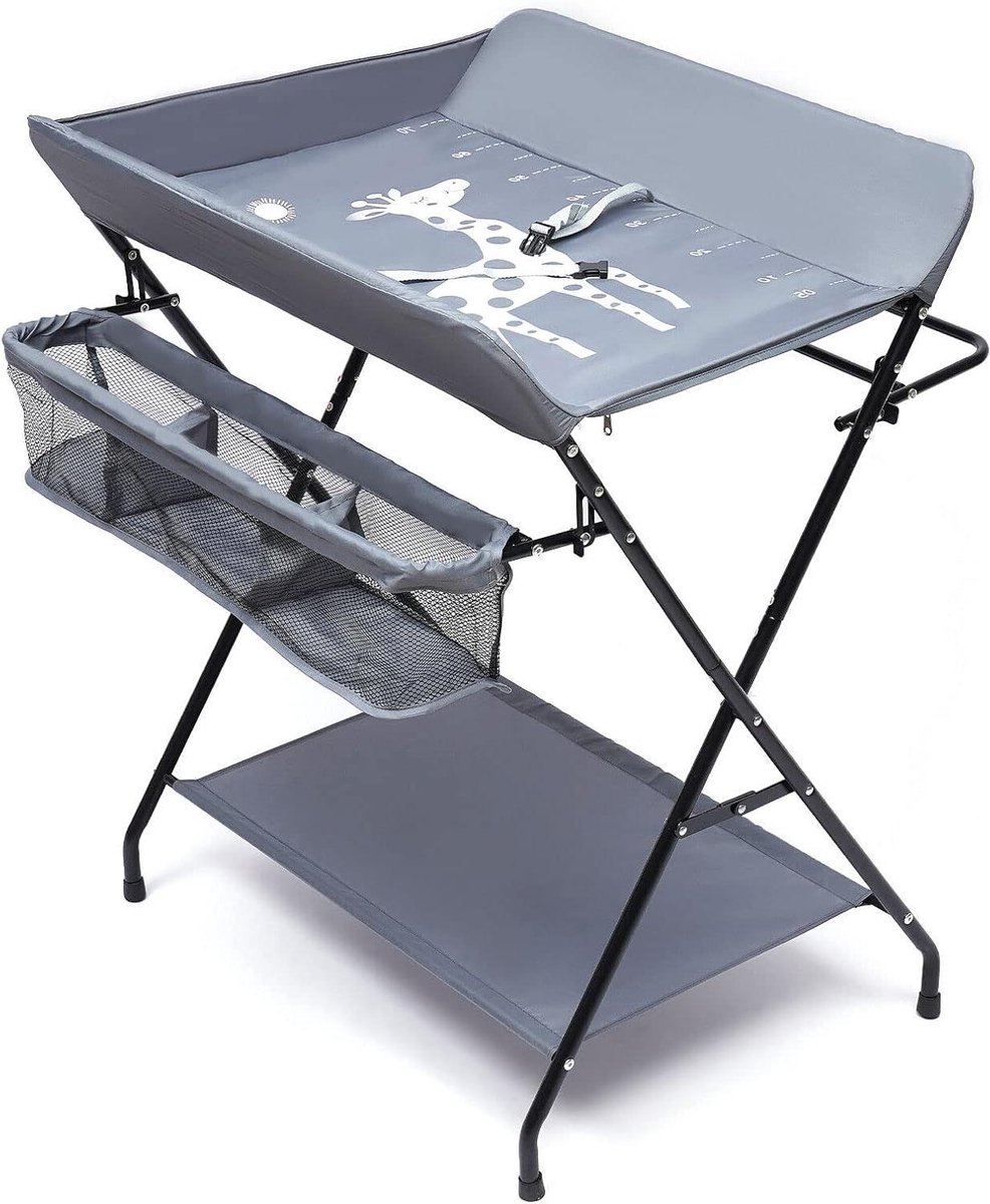 Baby Verschoontafel - Babytafel Opvouwbaar - Babyverzorging Thuis - Met Opbergvakken - 80 x 63 x 96 cm - Grijs