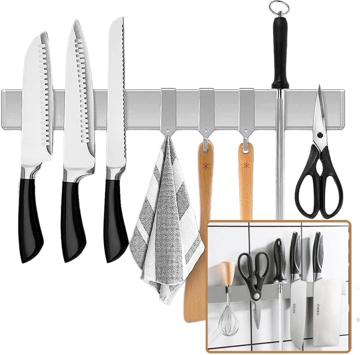 SnelShoppen - Magneetstrip Messenhouder 50 cm - Magnetisch Roestvrij Staal met 3 Haken - Zelfklevend Wandhouder zonder Boren voor Keuken en Kantoor