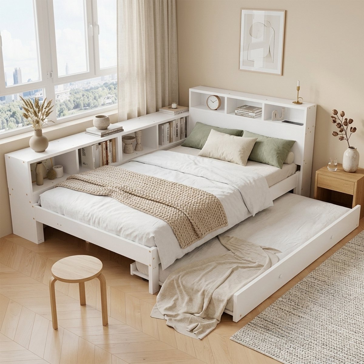 STILVORA Houten Bed 120x200 cm – Met Uitschuifbed 90x190 cm & Laadstation – Zijrek Met Opbergruimte – Voor Jeugdkamer/Gastenkamer – Wit – Zonder Matras